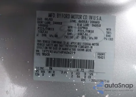 2004 Ford Ranger Edge/Tremor/Xl/Xlt from USA, damaged, VIN 1FTYR14U14PA06219